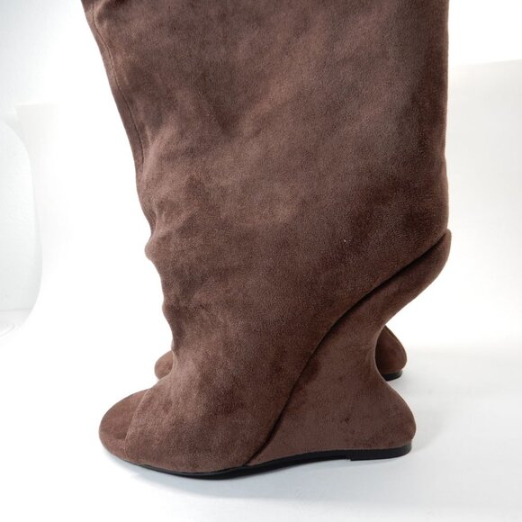 AZALEA WANG Vincent Knee High Open Toe Boots 6.5 Wedge Heel Brown Suede NEW - Picture 8 of 14